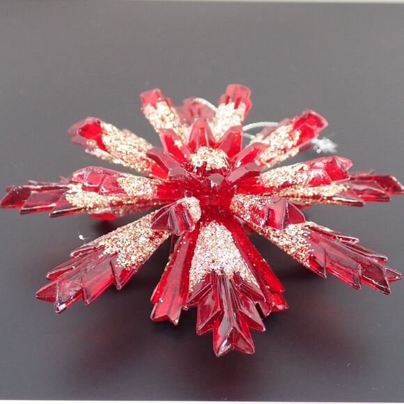Vintage Ruby Red Gold Glitter Holiday Red 3D Snowflake Christmas Ornament 4.5" - Picture 6 of 9